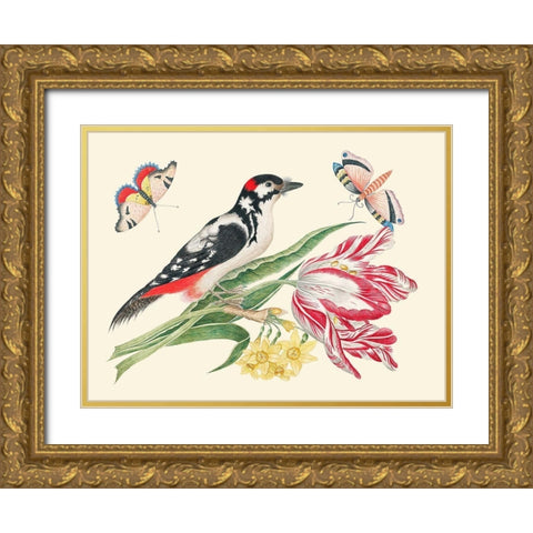 A Bird on Tulip stem with Daffodils Gold Ornate Wood Framed Art Print with Double Matting by Anonymous