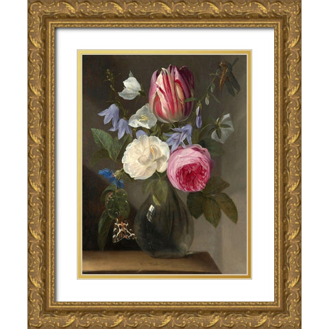 Roses and a Tulip in a Glass Vase Gold Ornate Wood Framed Art Print with Double Matting by van Thielen, Jan Philips
