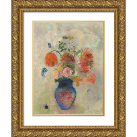 Large Vase with Flowers Gold Ornate Wood Framed Art Print with Double Matting by Redon, Odilon