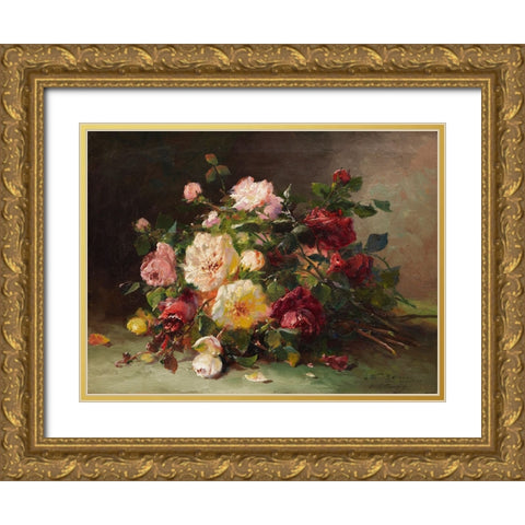 Bouquet de roses Gold Ornate Wood Framed Art Print with Double Matting by Cauchois, Eugene Henri