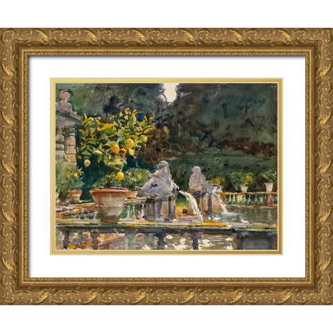 Villa di Marlia, Lucca (A Fountain) Gold Ornate Wood Framed Art Print with Double Matting by Sargent, John Singer
