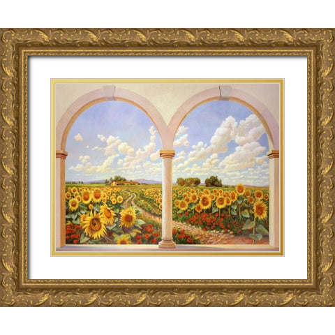 Strada dei girasoli Gold Ornate Wood Framed Art Print with Double Matting by Del Missier, Andrea