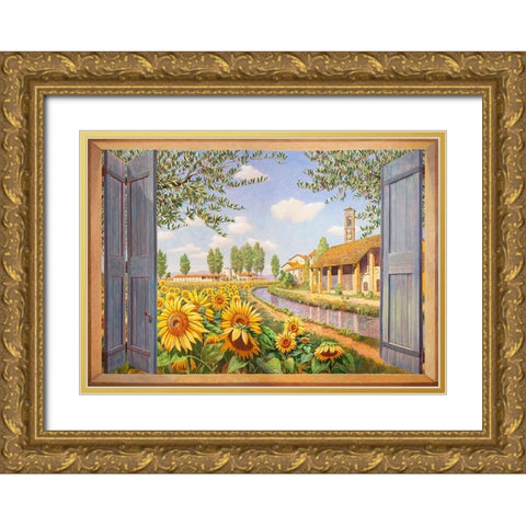 Casolare tra i girasoli Gold Ornate Wood Framed Art Print with Double Matting by Del Missier, Andrea