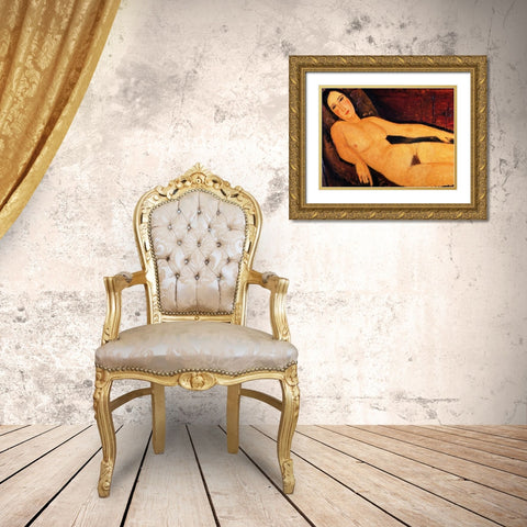 Nude on a Divan Gold Ornate Wood Framed Art Print with Double Matting by Modigliani, Amedeo