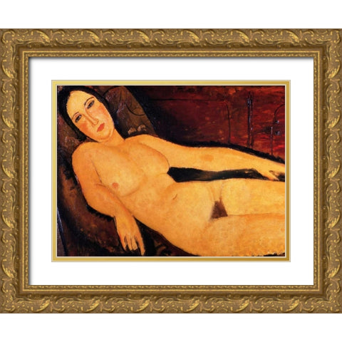 Nude on a Divan Gold Ornate Wood Framed Art Print with Double Matting by Modigliani, Amedeo