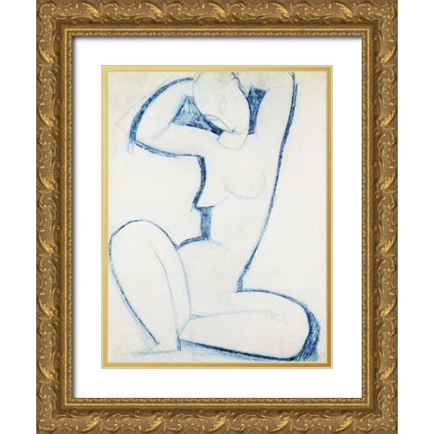 Blue Caryatid II Gold Ornate Wood Framed Art Print with Double Matting by Modigliani, Amedeo