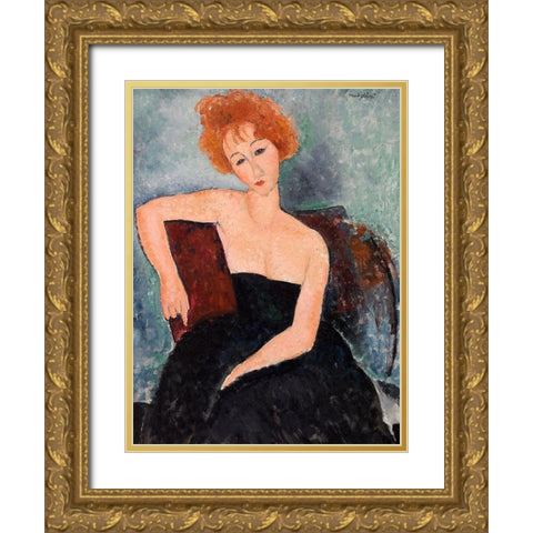 Jeune fille rousse en robe de soir (detail) Gold Ornate Wood Framed Art Print with Double Matting by Amedeo, Modigliani