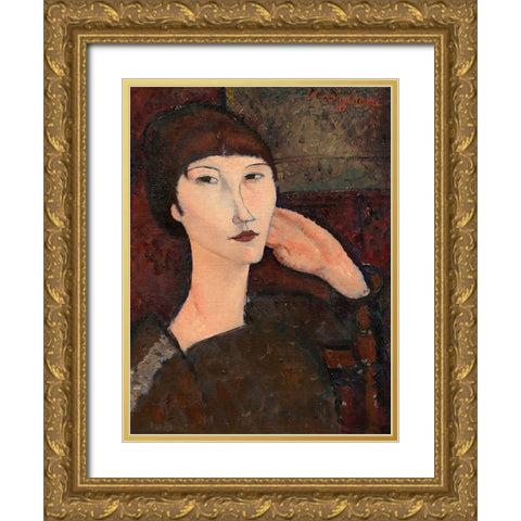 Adrienne (woman with bangs) Gold Ornate Wood Framed Art Print with Double Matting by Modigliani, Amedeo