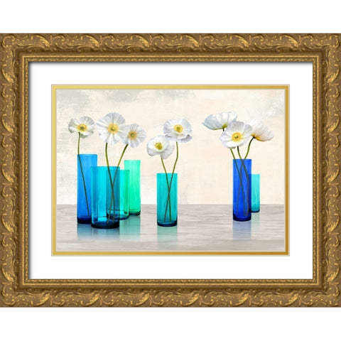 Poppies in crystal vases (Aqua palette) Gold Ornate Wood Framed Art Print with Double Matting by Cynthia, Ann