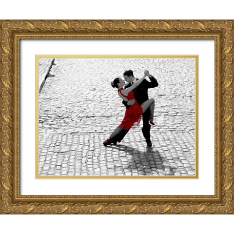 Couple dancing Tango on cobblestone road Gold Ornate Wood Framed Art Print with Double Matting by Anonymous