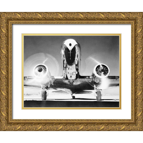 Front View of Passenger Airplane Gold Ornate Wood Framed Art Print with Double Matting by Anonymous