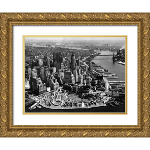 Aerial View of Manhattan Gold Ornate Wood Framed Art Print with Double Matting by Anonymous