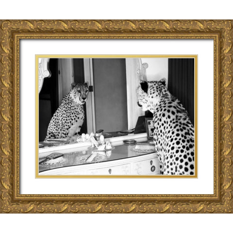 Cheetah looking in mirror Gold Ornate Wood Framed Art Print with Double Matting by Rian, Emma