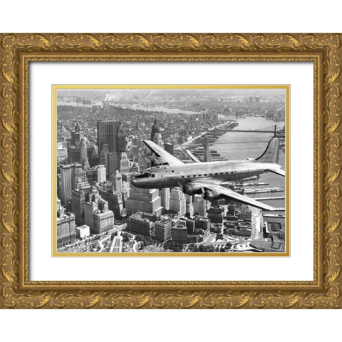Flying over Manhattan, NYC Gold Ornate Wood Framed Art Print with Double Matting by Anonymous
