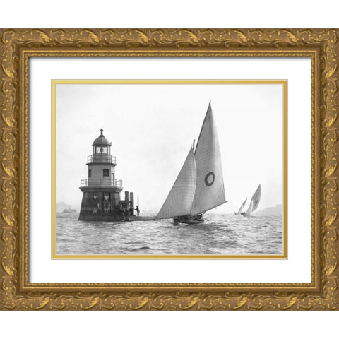 Sloop and Channel Pile Light on Sydney Harbour Gold Ornate Wood Framed Art Print with Double Matting by Anonymous