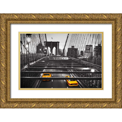Taxi on Brooklyn Bridge, NYC Gold Ornate Wood Framed Art Print with Double Matting by Anonymous