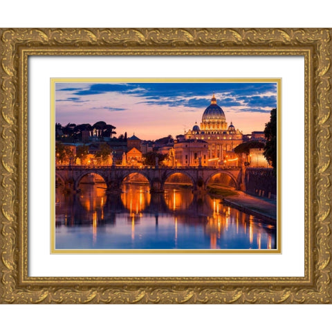 Night view at St. Peters cathedral, Rome Gold Ornate Wood Framed Art Print with Double Matting by Anonymous