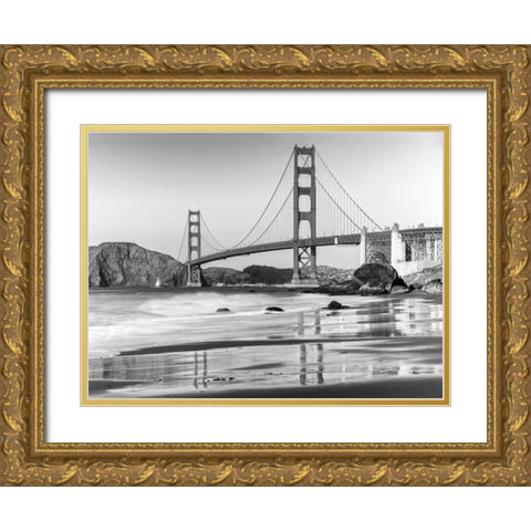 Baker beach and Golden Gate Bridge, San Francisco Gold Ornate Wood Framed Art Print with Double Matting by Anonymous