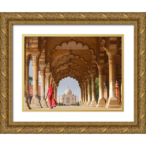 Woman in traditional Sari walking towards Taj Mahal Gold Ornate Wood Framed Art Print with Double Matting by Pangea Images