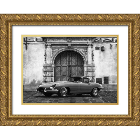 Roadster in front of Classic Palace (BW) Gold Ornate Wood Framed Art Print with Double Matting by Gasoline Images