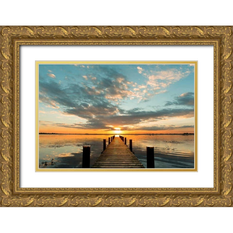 Morning Lights on a Jetty Gold Ornate Wood Framed Art Print with Double Matting by Pangea Images