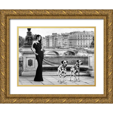 Walking in Paris Gold Ornate Wood Framed Art Print with Double Matting by Lauren, Julian