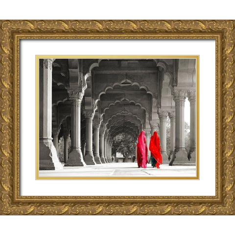Women in traditional dress, India (BW) Gold Ornate Wood Framed Art Print with Double Matting by Pangea Images
