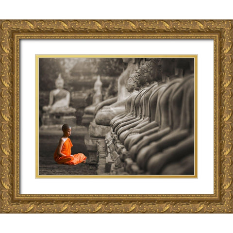 Young Buddhist Monk praying, Thailand (BW) Gold Ornate Wood Framed Art Print with Double Matting by Pangea Images