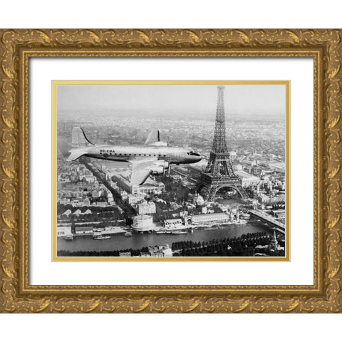 Airplane over Paris Gold Ornate Wood Framed Art Print with Double Matting by Anonymous