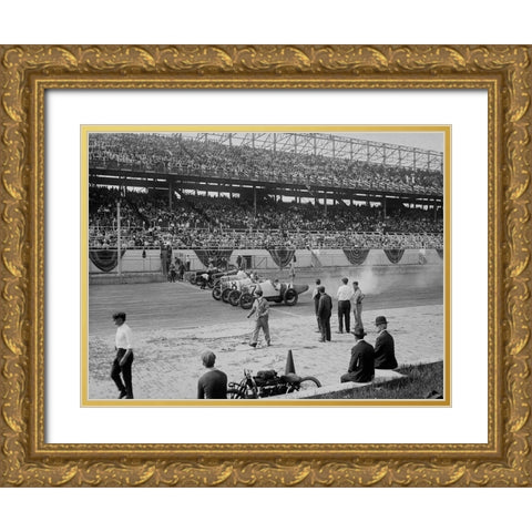 Cars at the start line of the Sheepshead Bay Race Track, New York, 1918 Gold Ornate Wood Framed Art Print with Double Matting by Anonymous