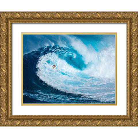 Surfing the big wave, Tasmania Gold Ornate Wood Framed Art Print with Double Matting by Pangea Images