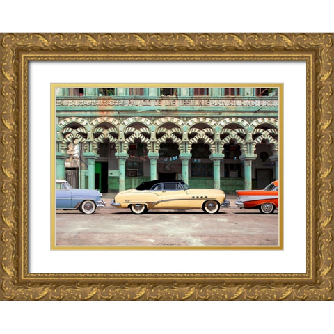 Cars parked in Havana, Cuba Gold Ornate Wood Framed Art Print with Double Matting by Pangea Images