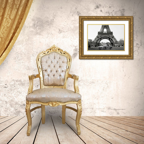 Roadster under the Eiffel Tower - BW Gold Ornate Wood Framed Art Print with Double Matting by Gasoline Images