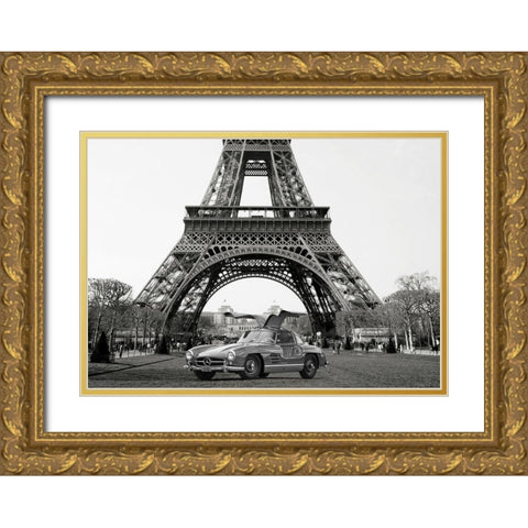 Roadster under the Eiffel Tower - BW Gold Ornate Wood Framed Art Print with Double Matting by Gasoline Images