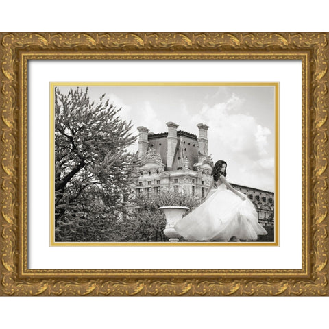 Young Woman at the Chateau de Chambord - BW Gold Ornate Wood Framed Art Print with Double Matting by Haute Photo Collection