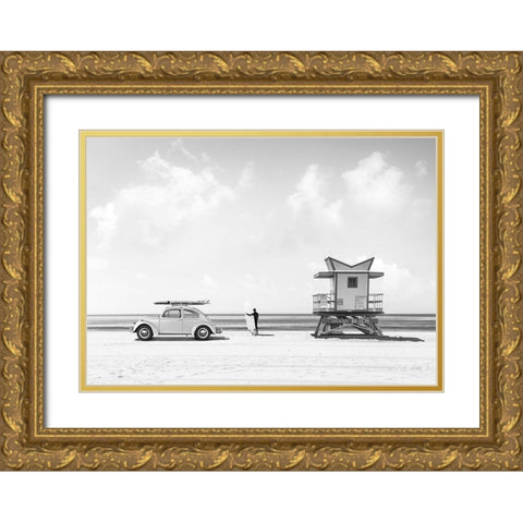 Waiting for the Waves-Miami Beach - BW Gold Ornate Wood Framed Art Print with Double Matting by Gasoline Images