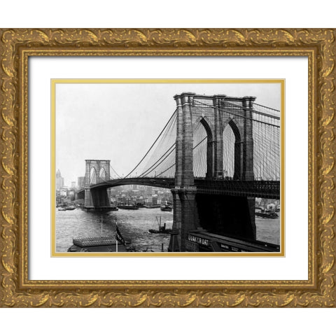 Brooklyn Bridge New York 1900 Gold Ornate Wood Framed Art Print with Double Matting by Loeffler, A.