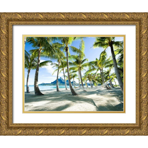 Hammock at Bora Bora Tahiti Gold Ornate Wood Framed Art Print with Double Matting by Anonymous