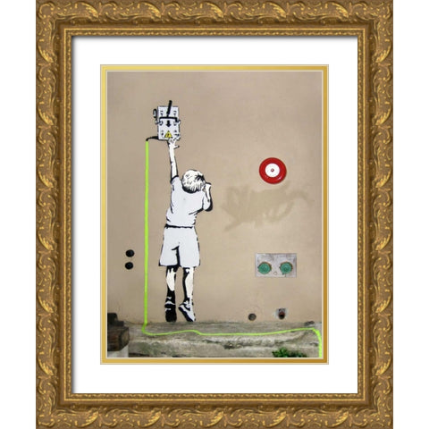 Boy â€“ North 6th Avenue, NYC (graffiti attributed to Banksy) Gold Ornate Wood Framed Art Print with Double Matting by Anonymous (attributed to Banksy)