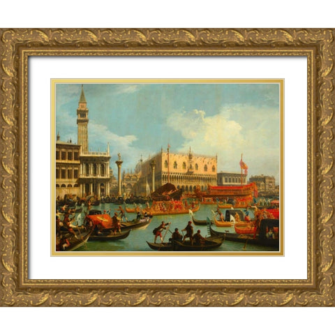 Il ritorno del Bucintoro al molo davanti a Palazzo Ducale Gold Ornate Wood Framed Art Print with Double Matting by Canaletto