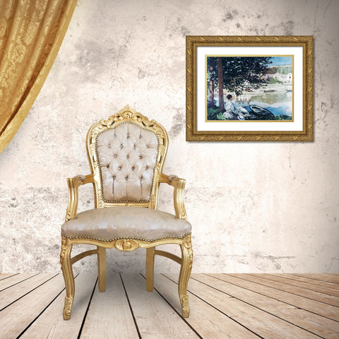 On the Seine at Bennecourt Gold Ornate Wood Framed Art Print with Double Matting by Monet, Claude