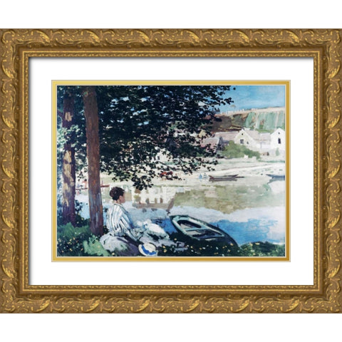 On the Seine at Bennecourt Gold Ornate Wood Framed Art Print with Double Matting by Monet, Claude