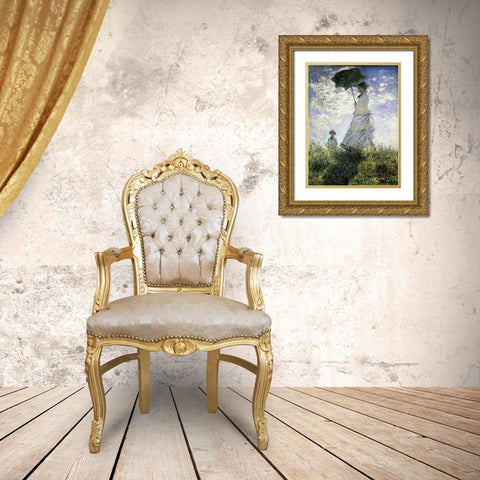 Femme a lâ€™ombrelle Gold Ornate Wood Framed Art Print with Double Matting by Monet, Claude