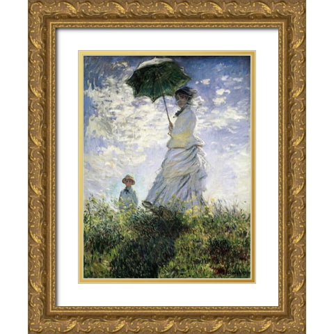 Femme a lâ€™ombrelle Gold Ornate Wood Framed Art Print with Double Matting by Monet, Claude