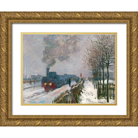 Le train dans la neige Gold Ornate Wood Framed Art Print with Double Matting by Monet, Claude