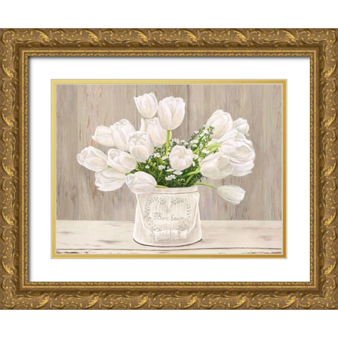 Country Bouquet - neutral Gold Ornate Wood Framed Art Print with Double Matting by Remy Dellal