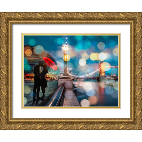 Kissing in London (detail) Gold Ornate Wood Framed Art Print with Double Matting by Loumer, Dianne