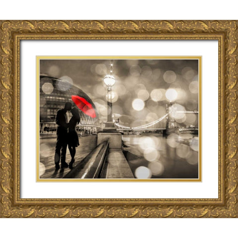 Kissing in London (detail, BW) Gold Ornate Wood Framed Art Print with Double Matting by Loumer, Dianne