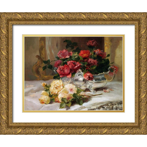 Roses on a Dressing Table Gold Ornate Wood Framed Art Print with Double Matting by Cauchois, Eugene Henri