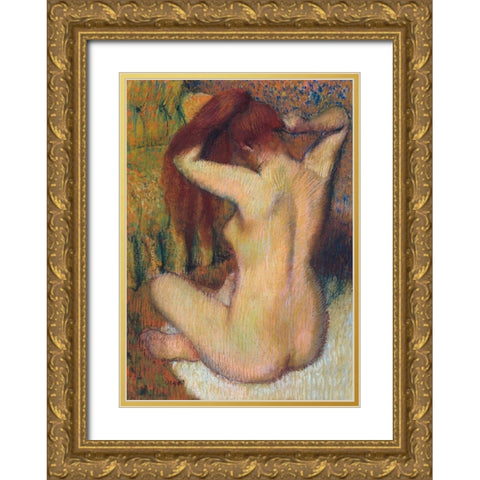 Woman Combing her Hair Gold Ornate Wood Framed Art Print with Double Matting by Degas, Edgar